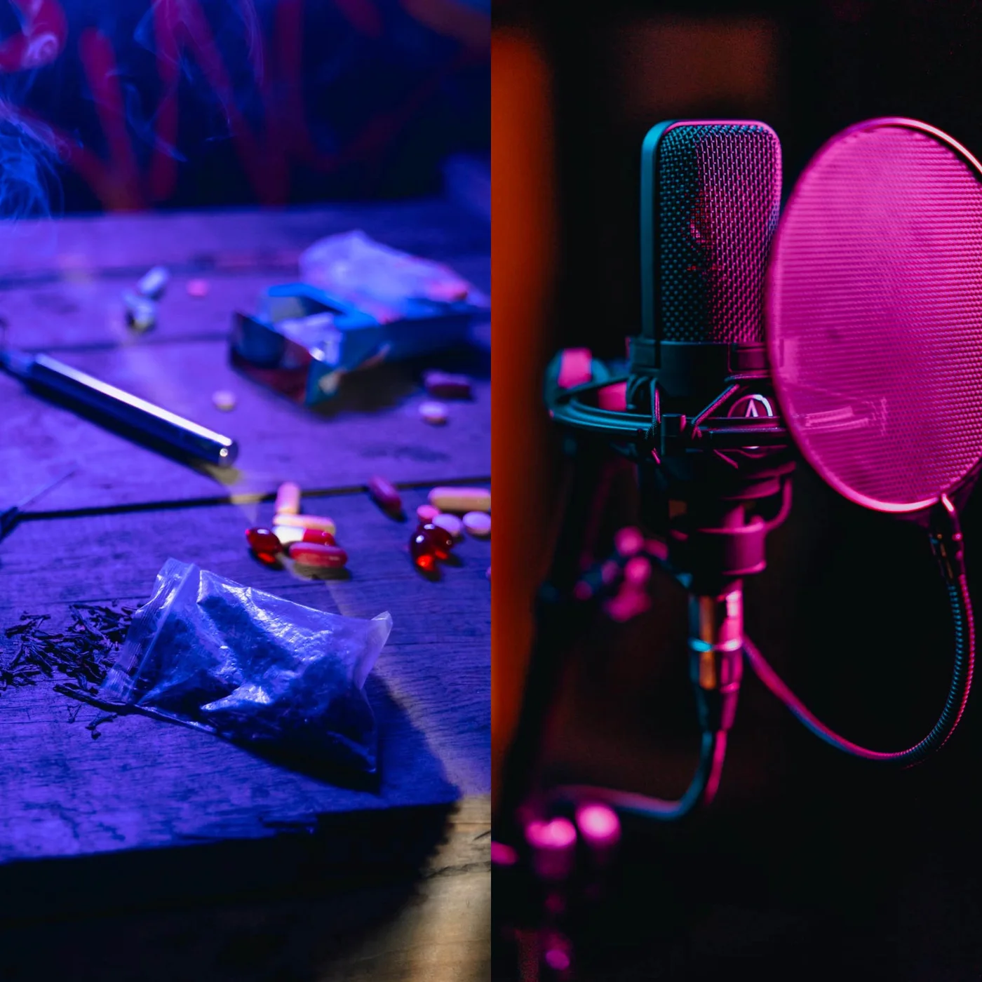 Cover of Koel Down Rap: a table with pills and a bag on the left, a studio microphone with pop filter on the right
